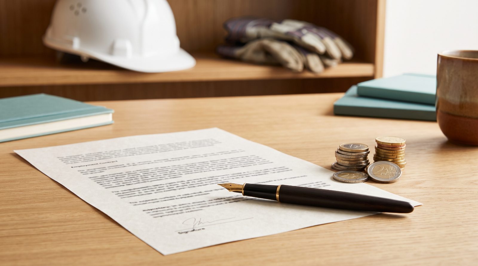 Arbeitsvertrag mit Füllfederhalter und Euromünzen, im Hintergrund Schutzhelm und Arbeitshandschuhe