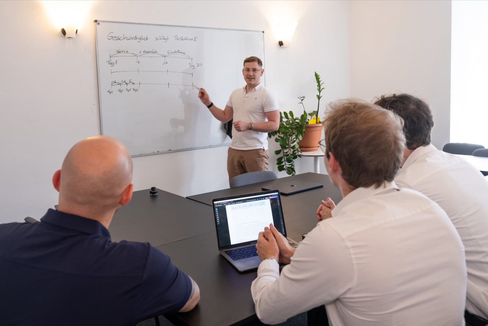Nuvia-Team bespricht den Recruiting-Prozess am Whiteboard